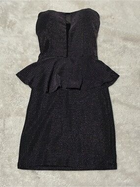 Strapless Peplum Cocktail Dress in Black with Subtle Iridescent Threads